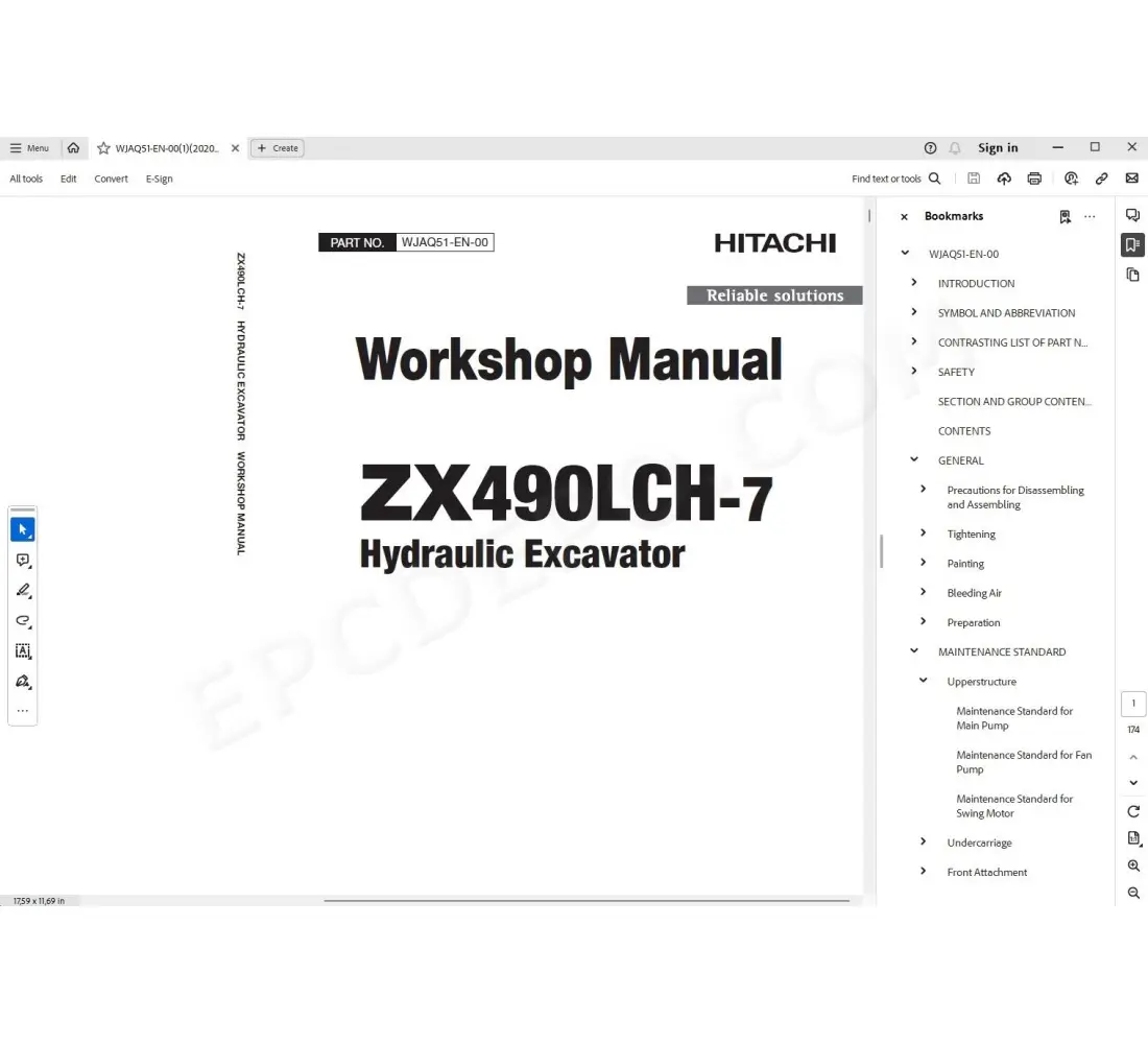 Hitachi excavator ZX490LCH-7 parts + service manual